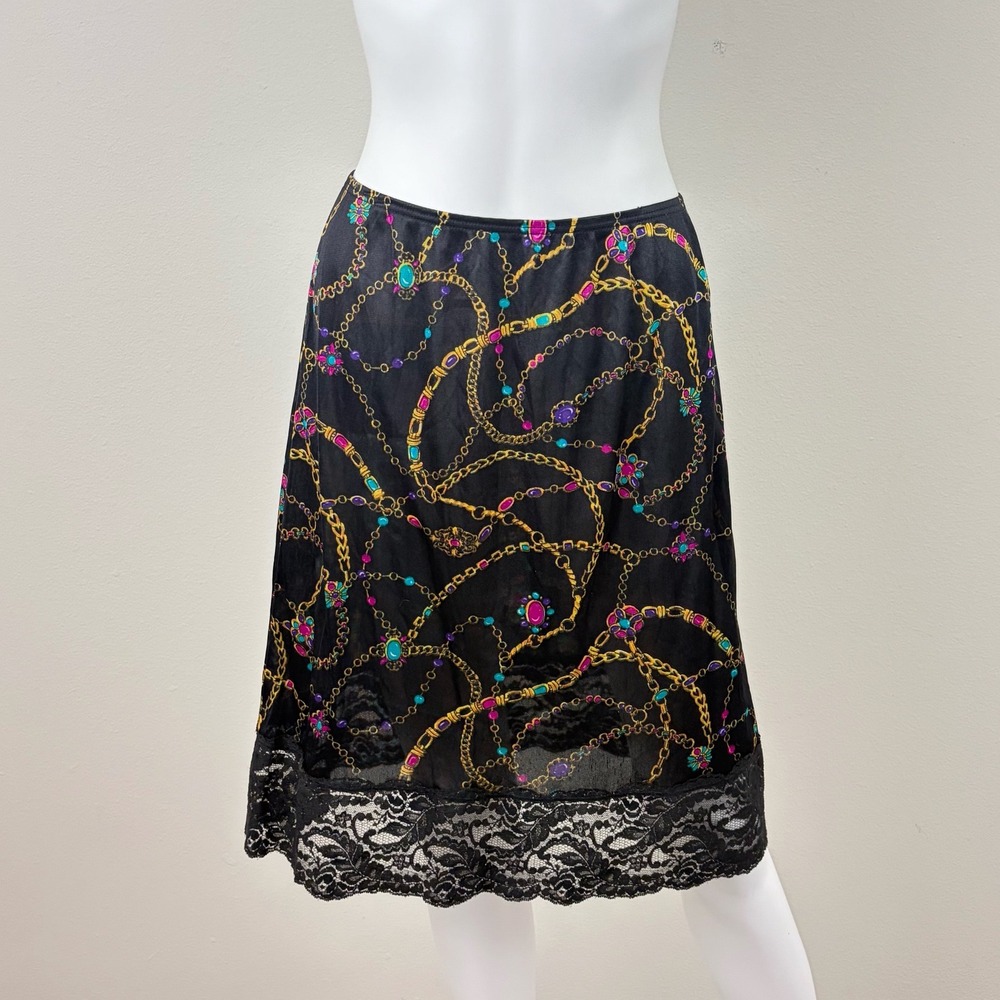 Vintage Black Chain Jewel Print Lace Trim‎ Half Slip Skirt Baroque Sheer Small